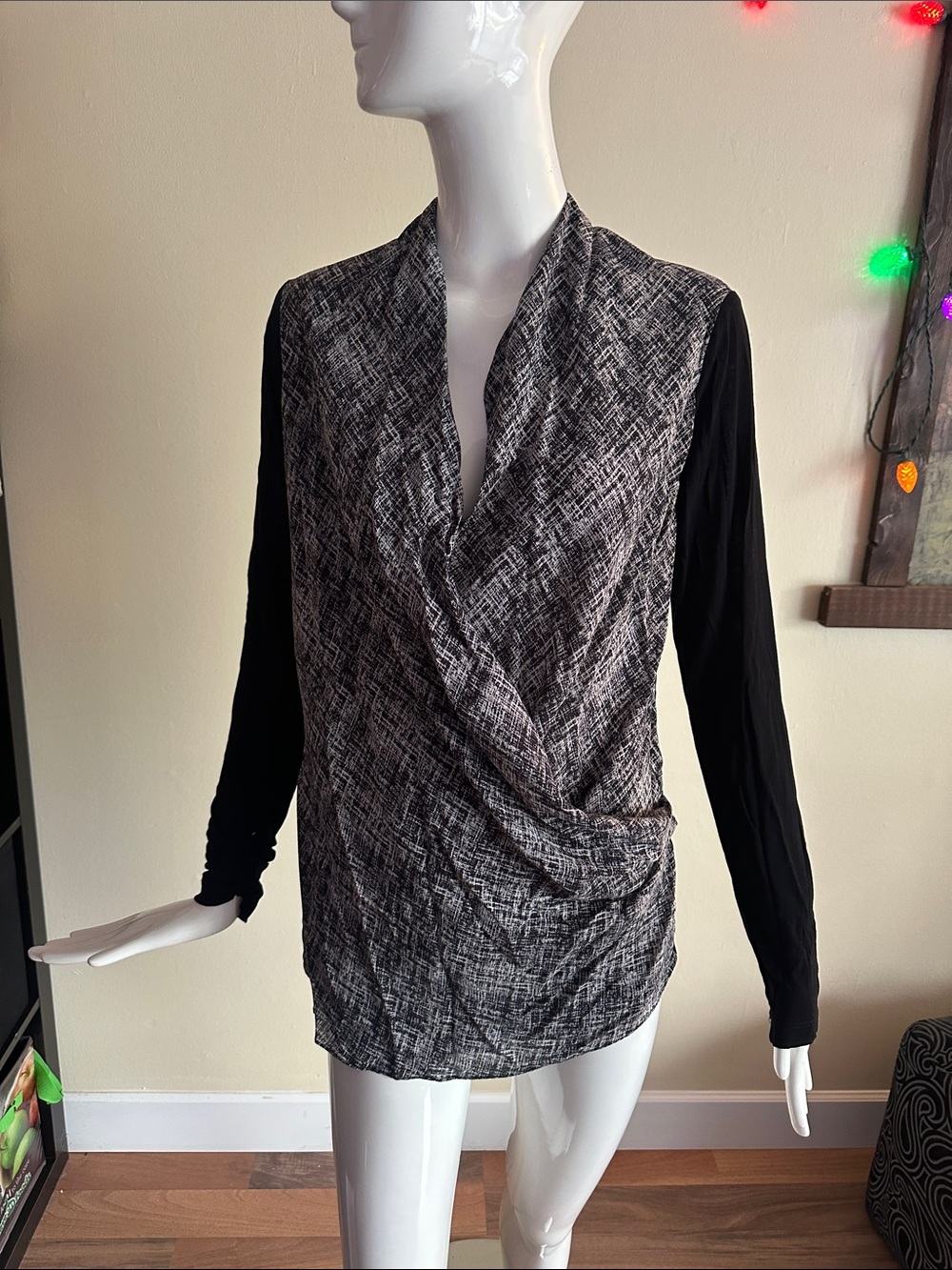 Fifteen Twenty Black and Gray Draped Long-Sleeve Crossover Top